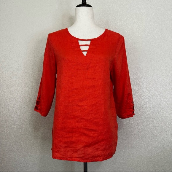 Calligraphie 100% Linen Orange Cut outs 3/4 Sleeves Tunic Top, Sz Small - Picture 1 of 12